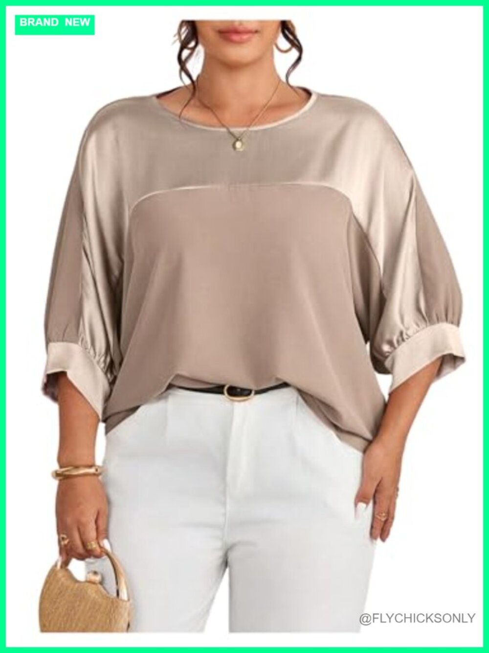 GORGLITTER Plus Size Satin Tops Metallic 3/4 Sleeve Crew Neck Work Blouse